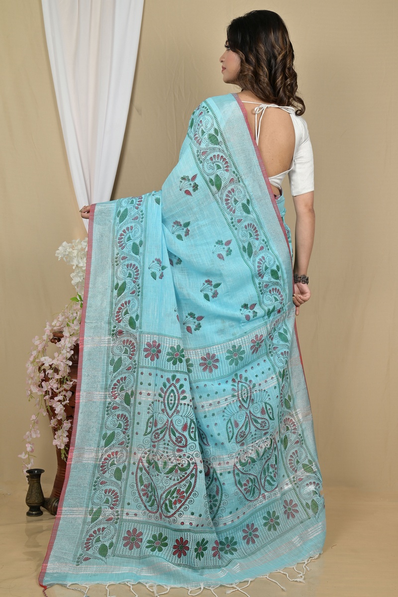 Sky Blue Pure Cotton Hiral Printed Handloom Saree (2118)