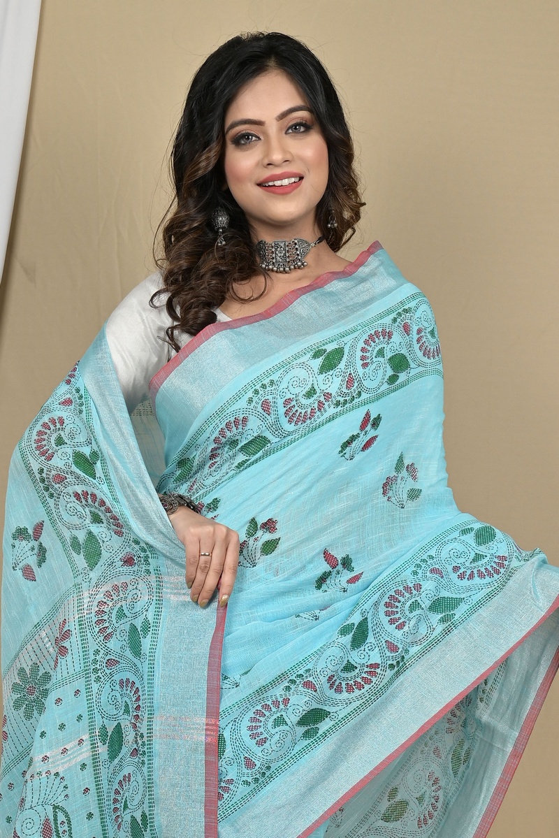 Sky Blue Pure Cotton Hiral Printed Handloom Saree (2118)