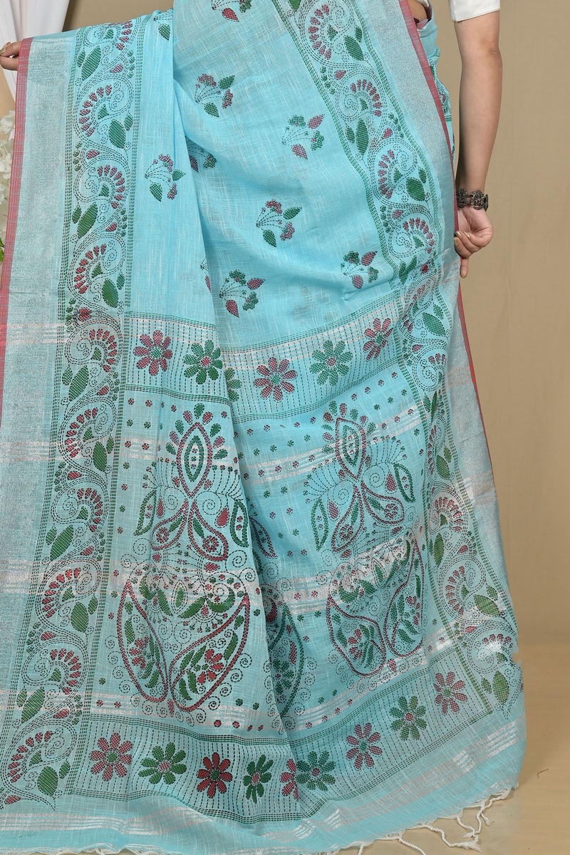 Sky Blue Pure Cotton Hiral Printed Handloom Saree (2118)