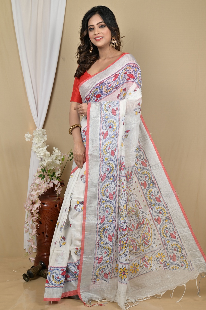 White Red Pure Cotton Hiral Printed Handloom Saree (2119)