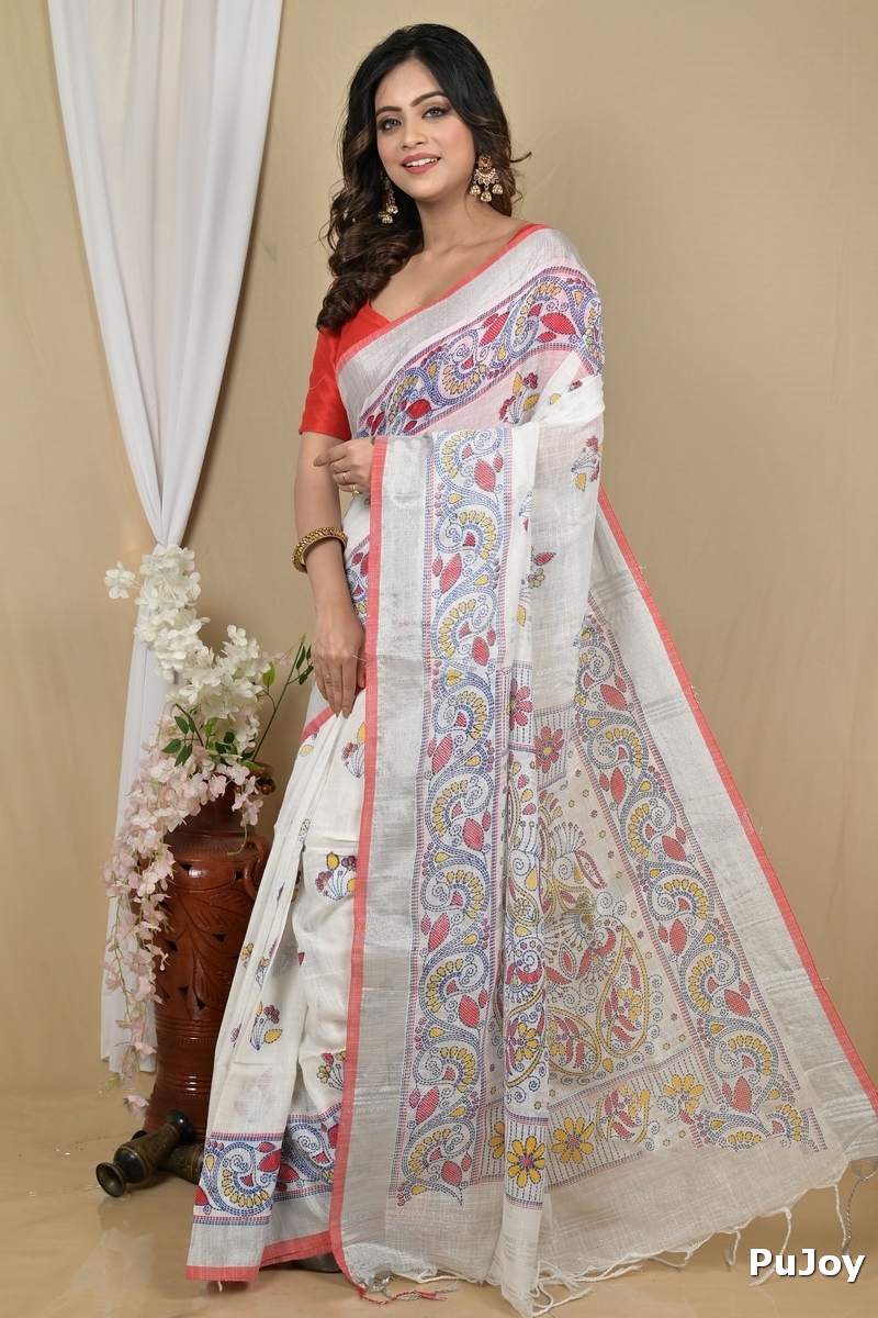 White Red Pure Cotton Hiral Printed Handloom Saree (2119)