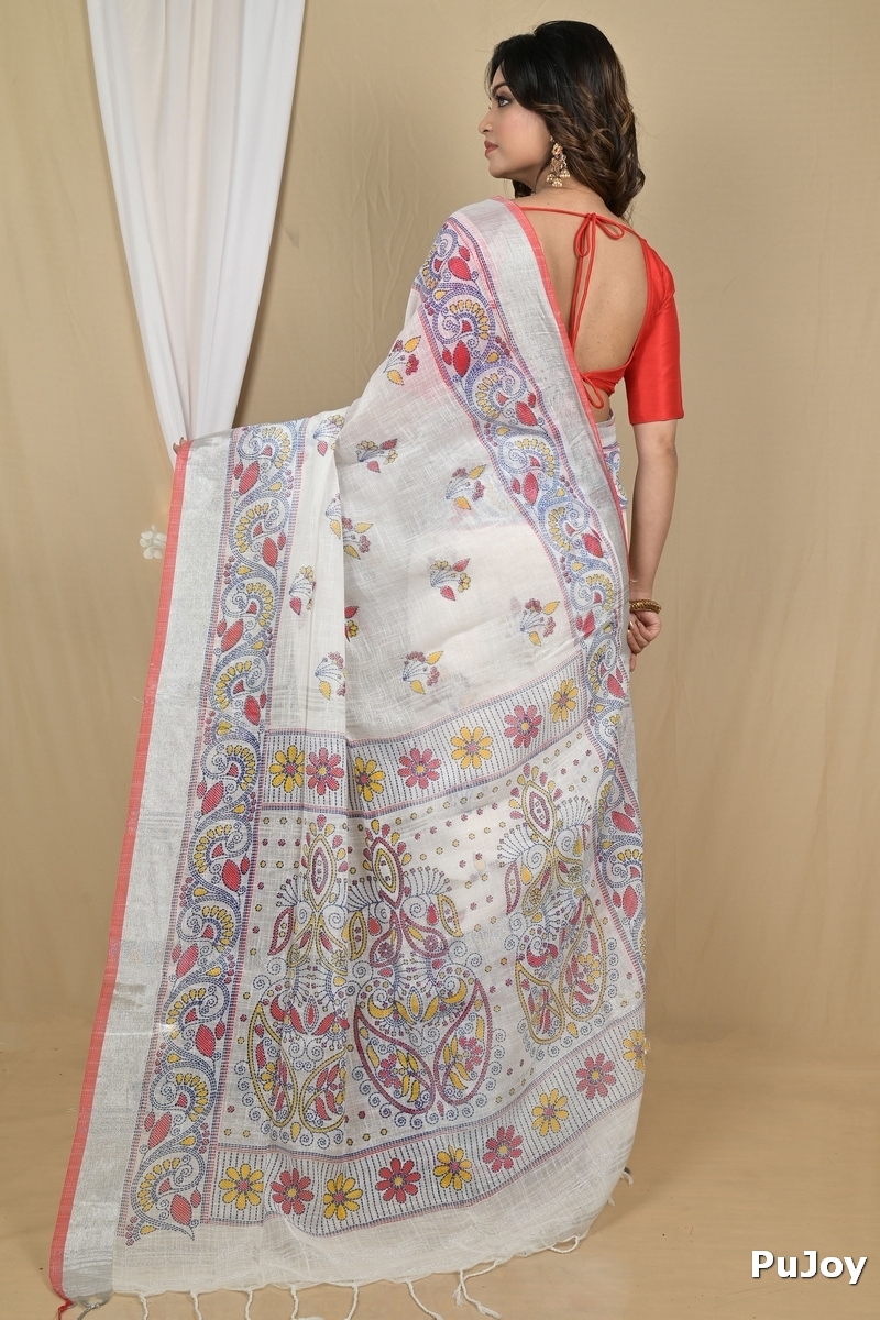 White Red Pure Cotton Hiral Printed Handloom Saree (2119)