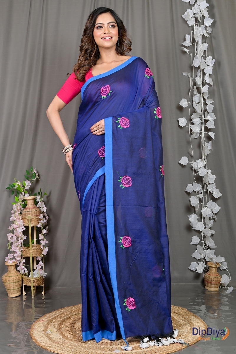 Naby Blue Pure Cotton Parag Embroidery Handloom saree (212)