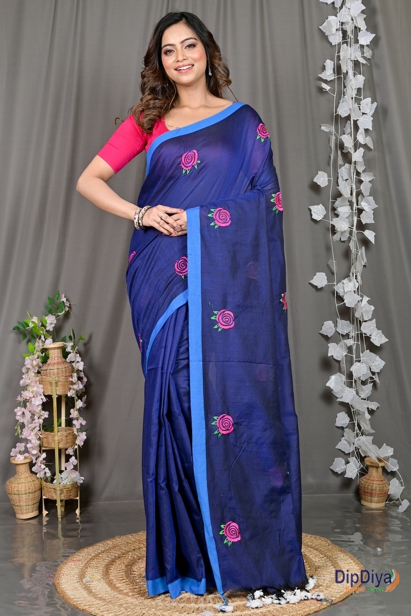Naby Blue Pure Cotton Parag Embroidery Handloom saree (212)