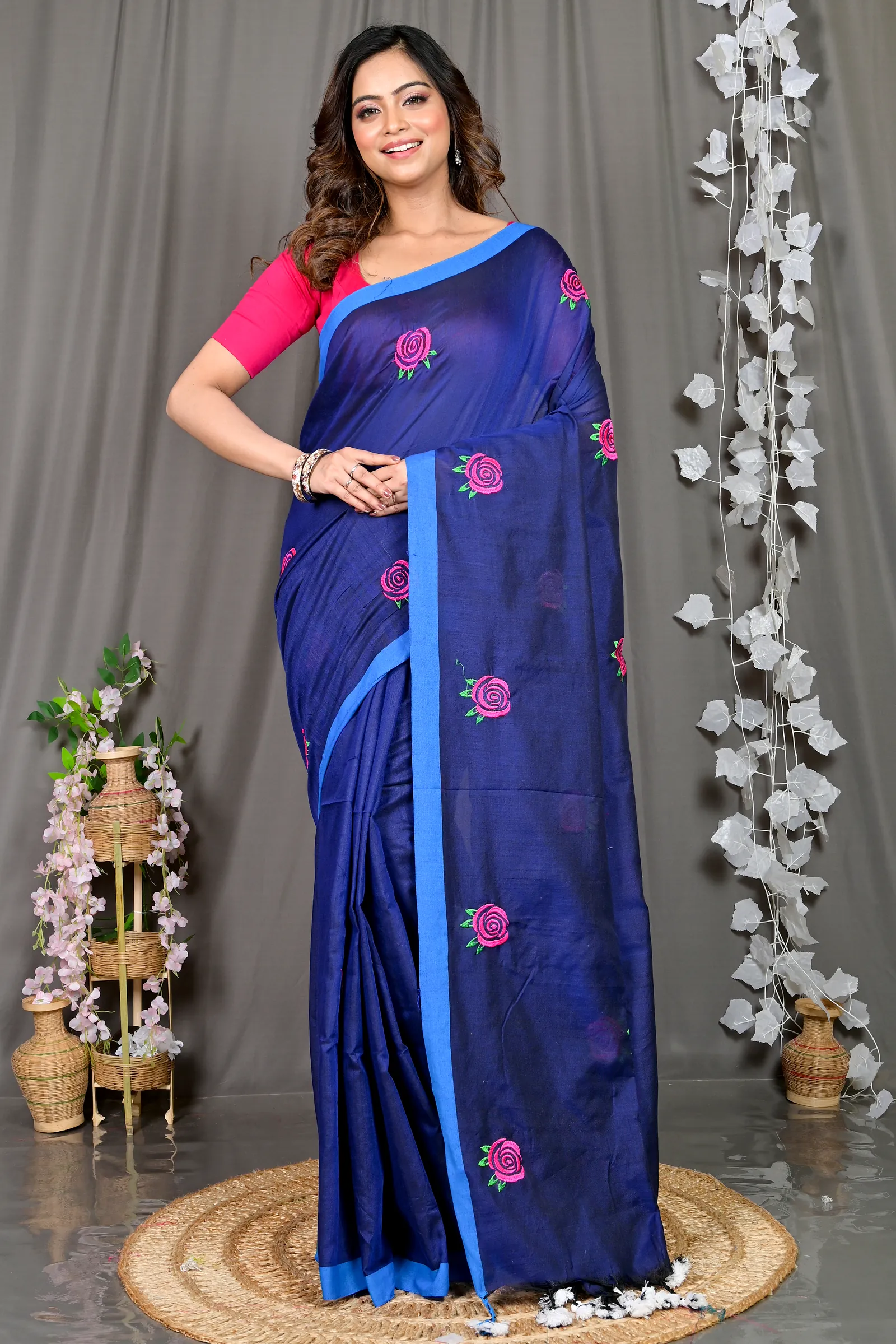 Naby Blue Pure Cotton Parag Embroidery Handloom saree (212)