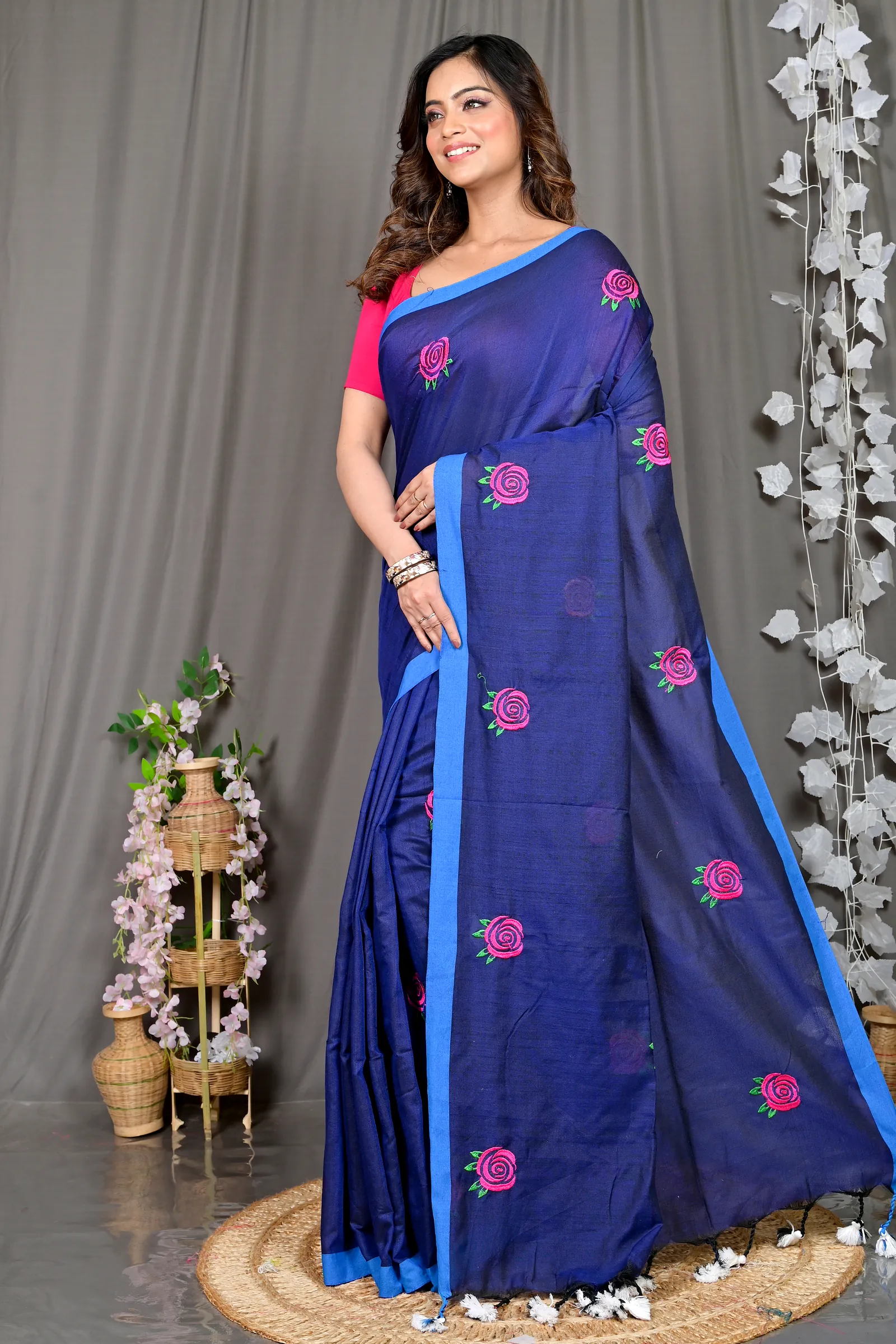 Naby Blue Pure Cotton Parag Embroidery Handloom saree (212)
