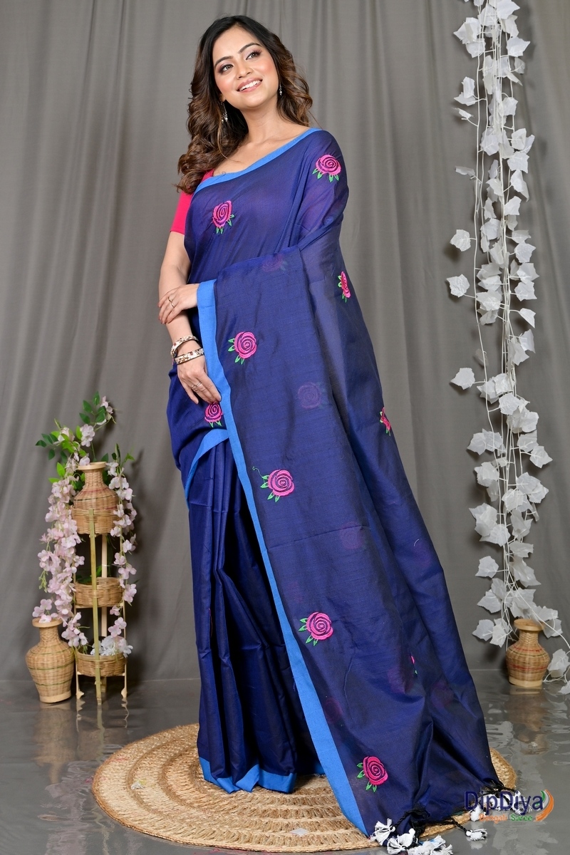 Naby Blue Pure Cotton Parag Embroidery Handloom saree (212)