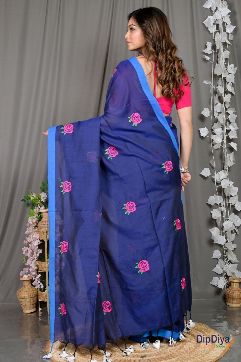 Naby Blue Pure Cotton Parag Embroidery Handloom saree (212)