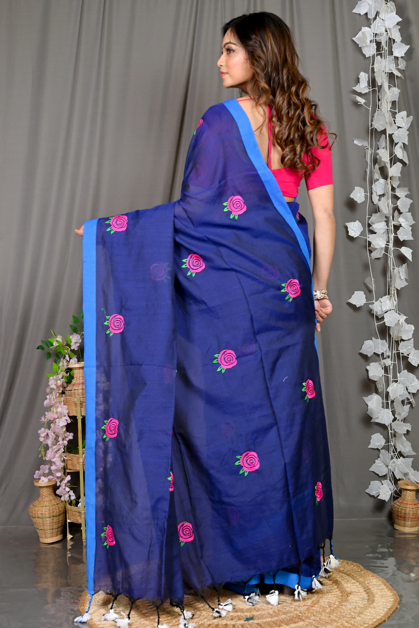 Naby Blue Pure Cotton Parag Embroidery Handloom saree (212)