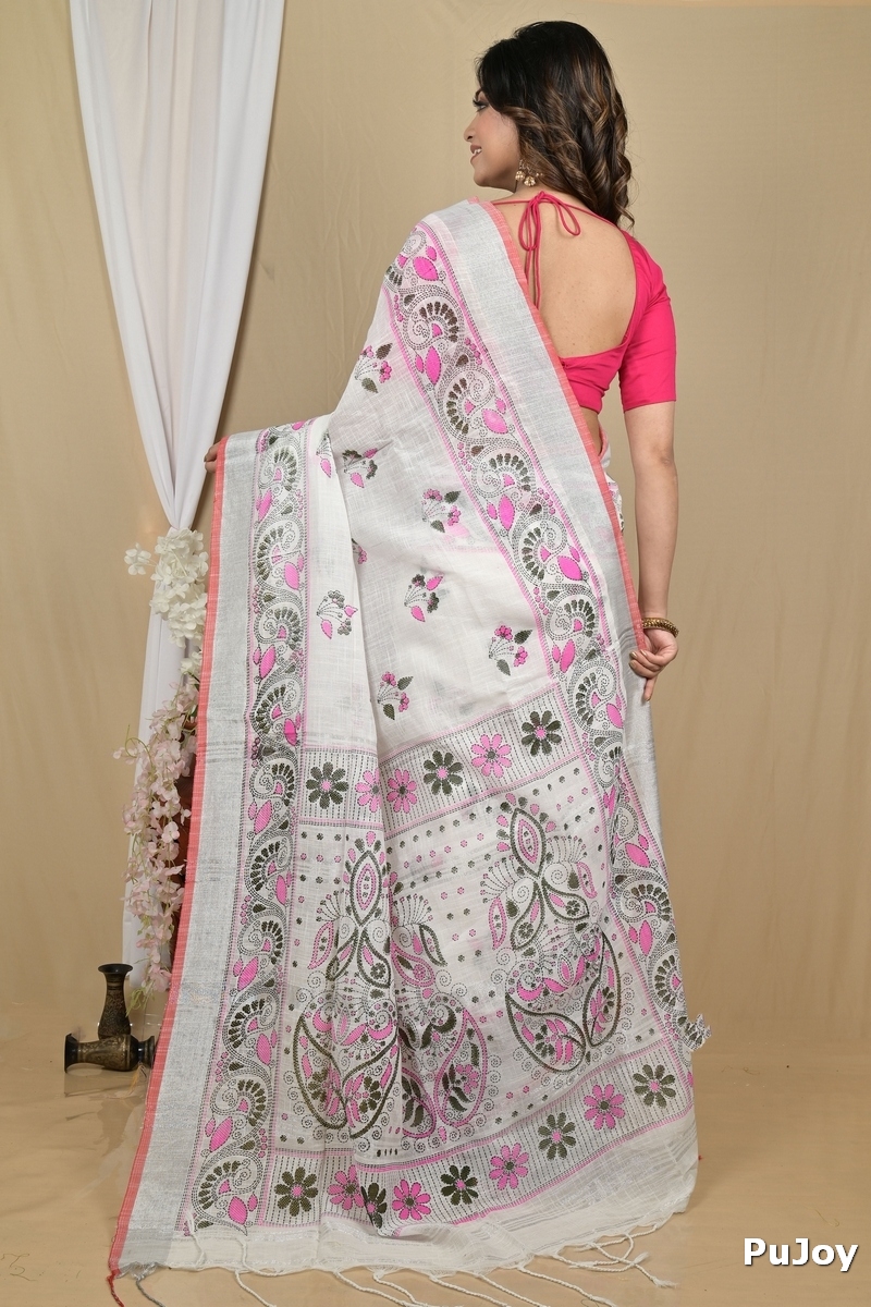 White Pink Pure Cotton Hiral Printed Handloom Saree (2120)