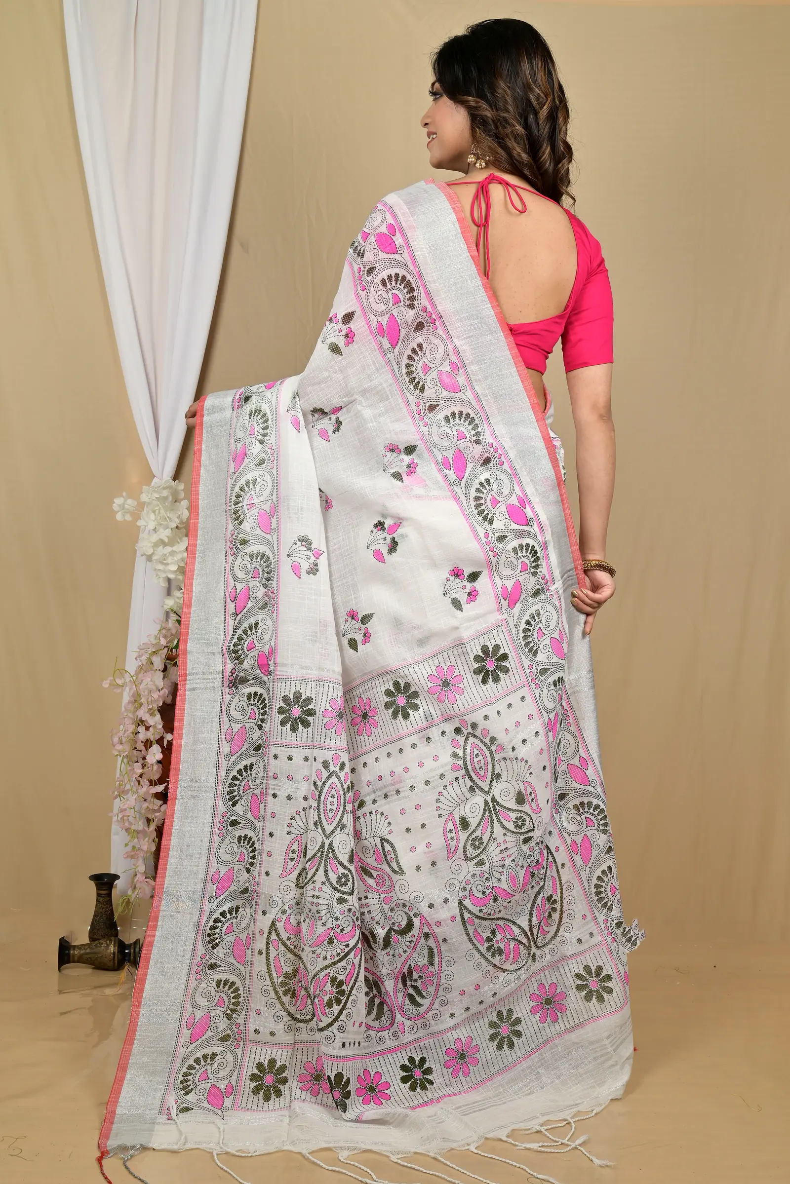 White Pink Pure Cotton Hiral Printed Handloom Saree (2120)
