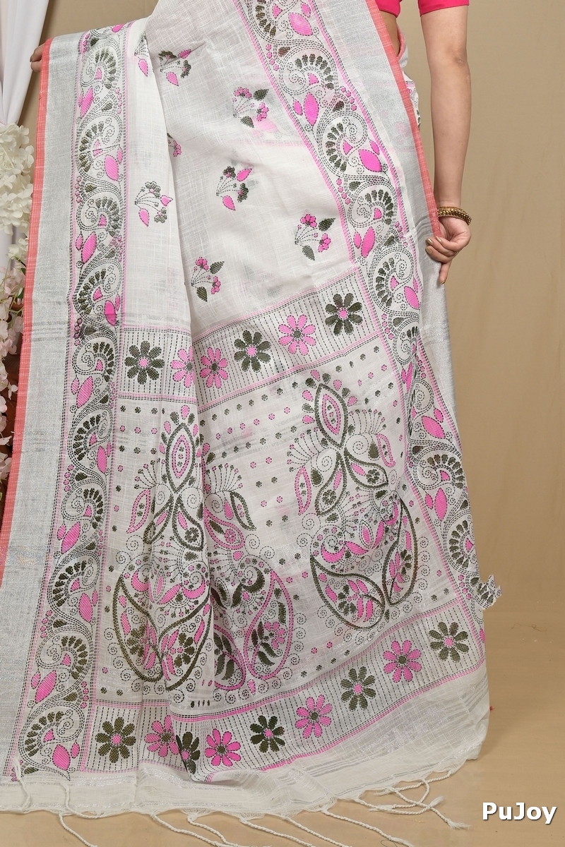 White Pink Pure Cotton Hiral Printed Handloom Saree (2120)