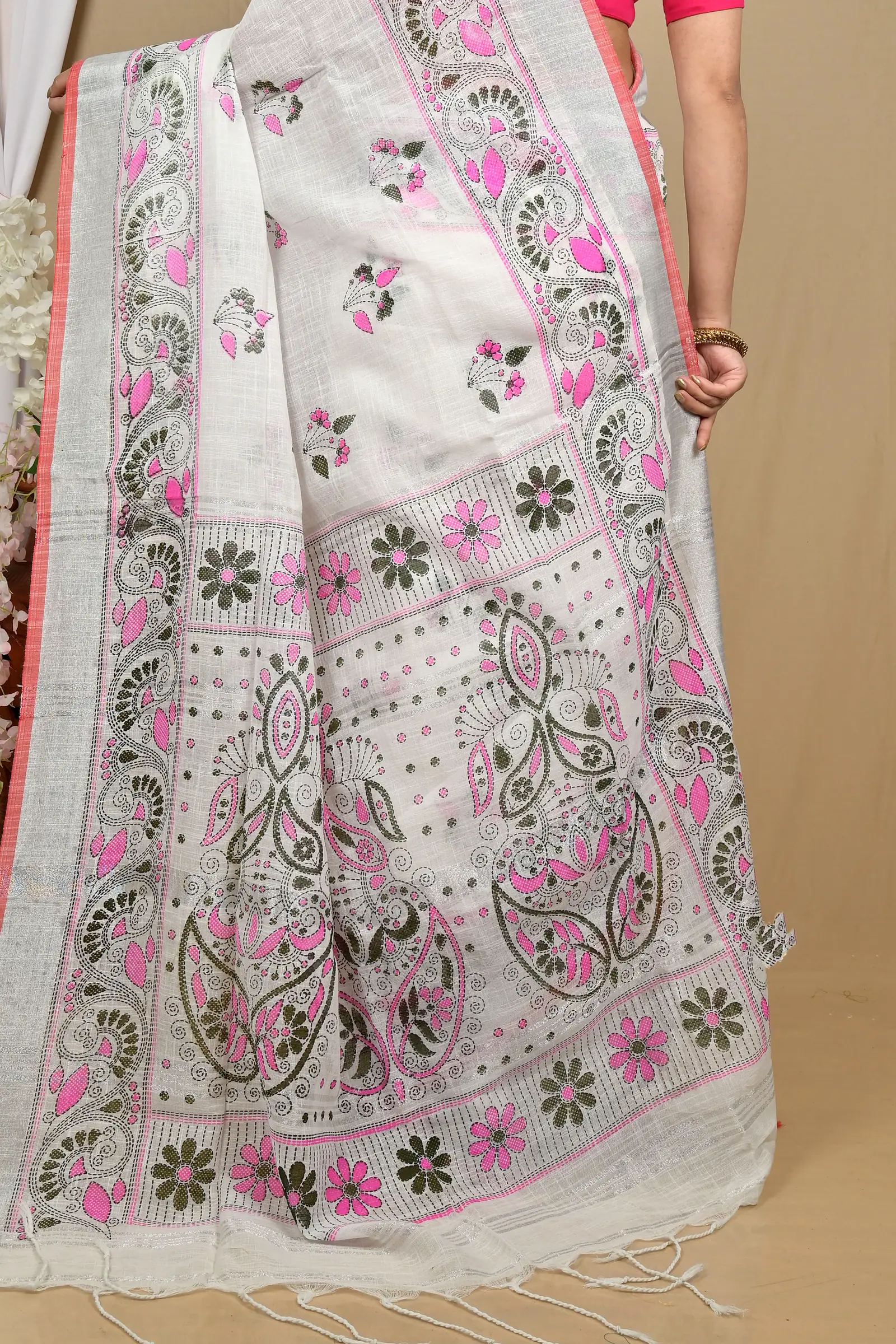 White Pink Pure Cotton Hiral Printed Handloom Saree (2120)