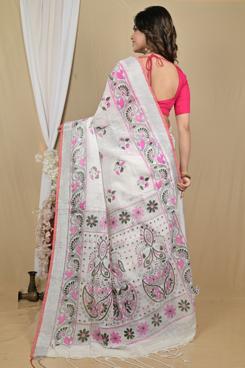 White Pink Pure Cotton Hiral Printed Handloom Saree (2120)