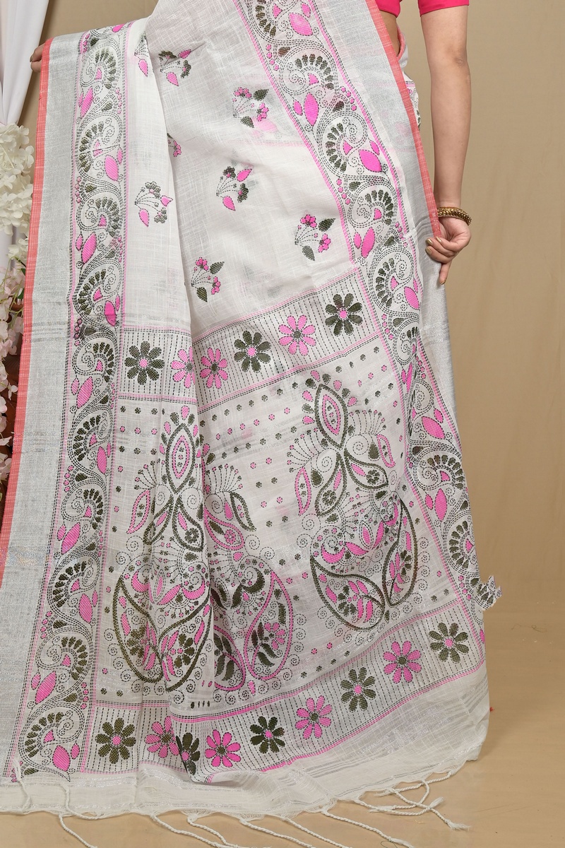 White Pink Pure Cotton Hiral Printed Handloom Saree (2120)