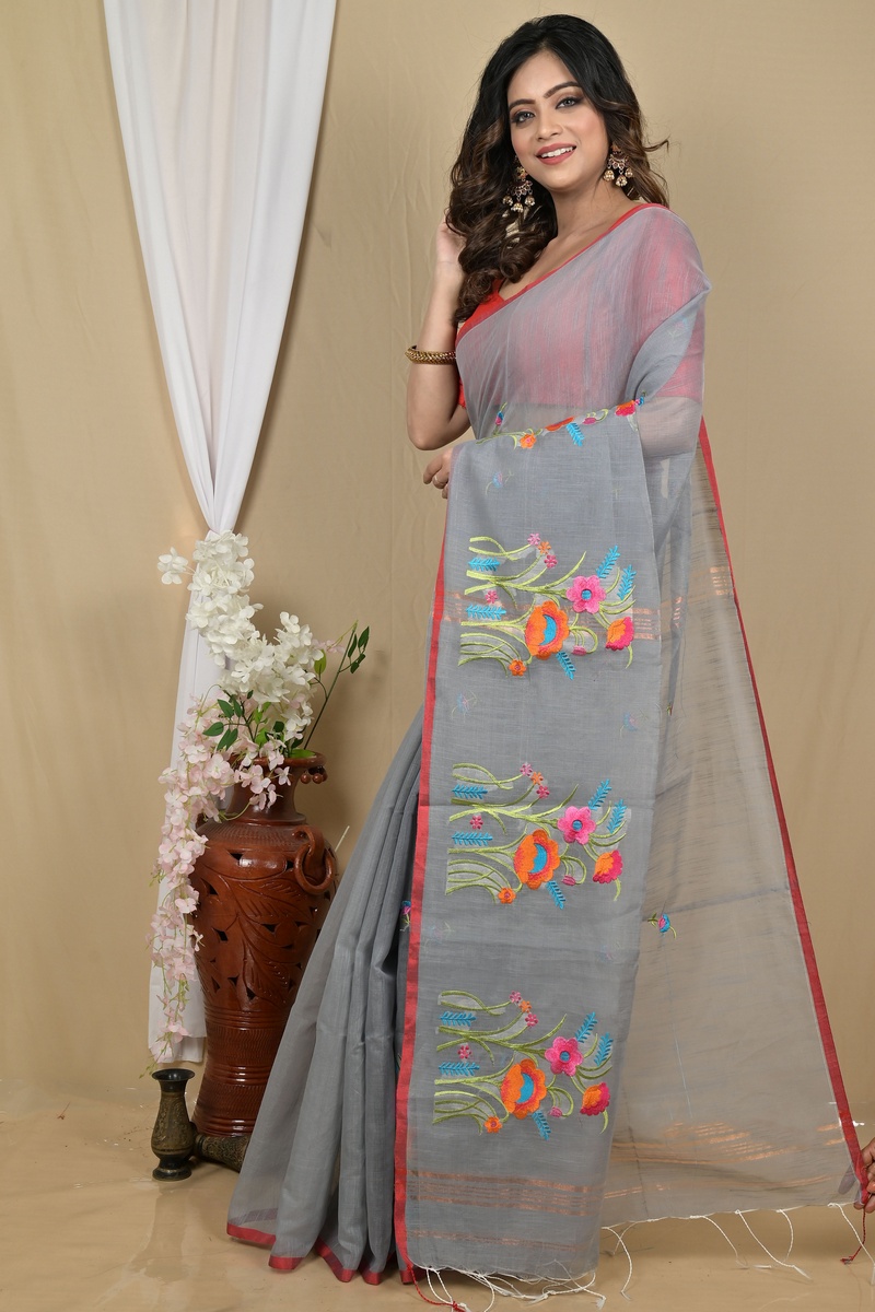 Grey Blended Cotton Himika Embroidery Handloom saree (2121)