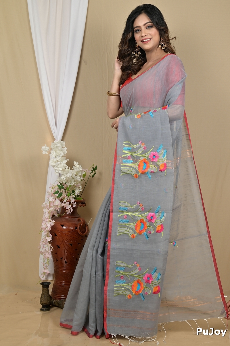 Grey Blended Cotton Himika Embroidery Handloom saree (2121)