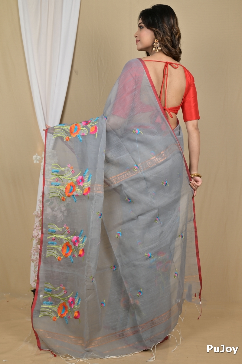 Grey Blended Cotton Himika Embroidery Handloom saree (2121)