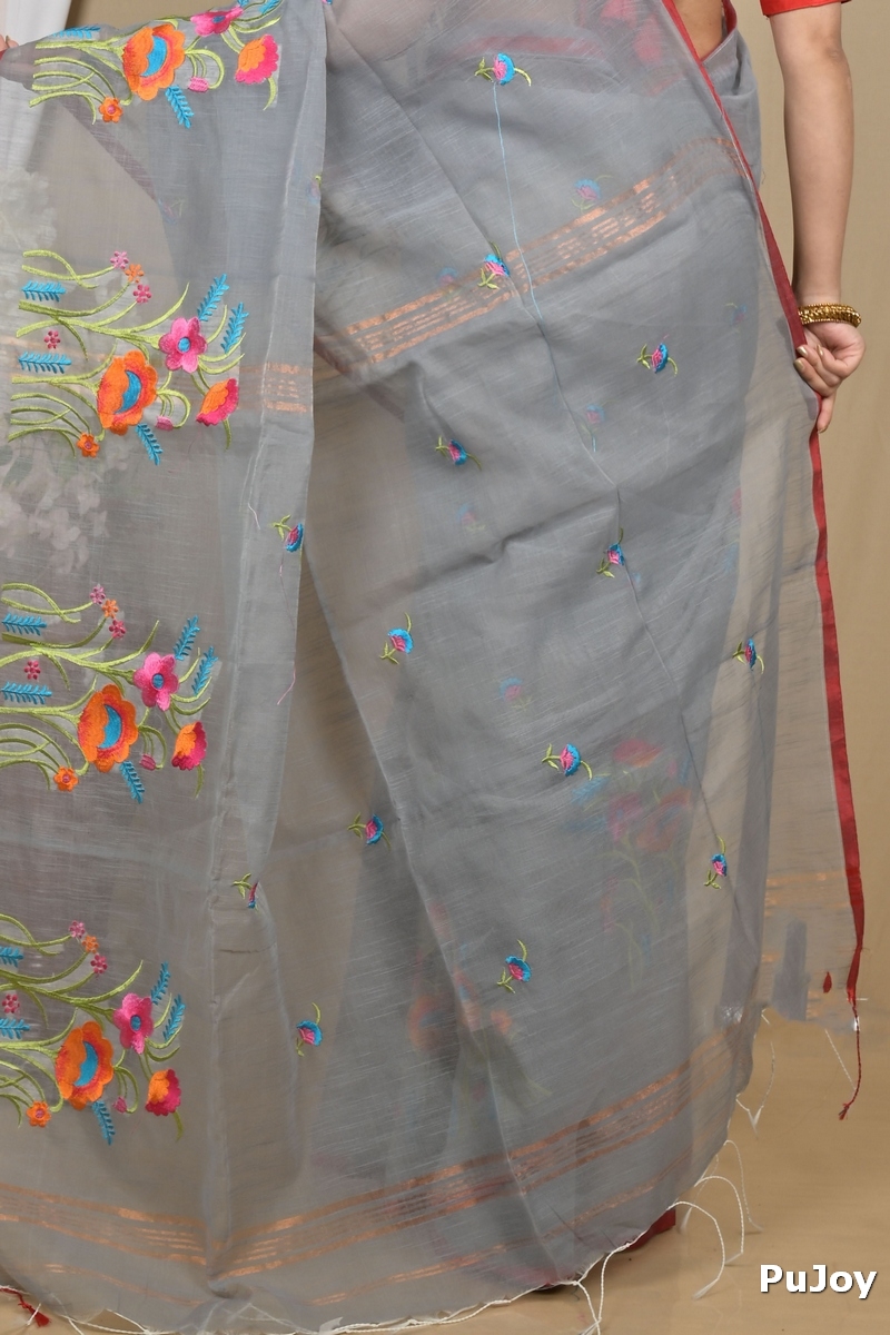 Grey Blended Cotton Himika Embroidery Handloom saree (2121)