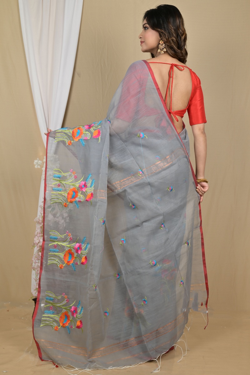 Grey Blended Cotton Himika Embroidery Handloom saree (2121)