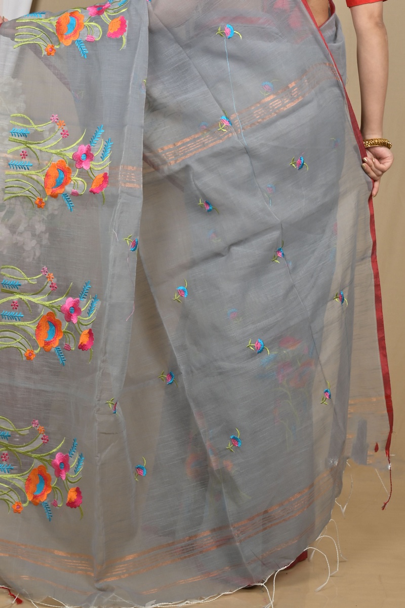 Grey Blended Cotton Himika Embroidery Handloom saree (2121)