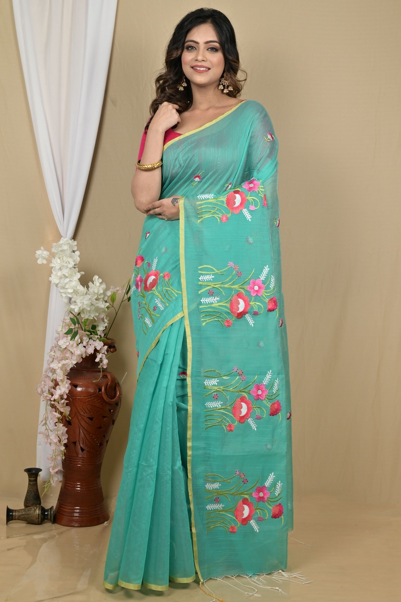 See Green Blended Cotton Himika Embroidery Handloom saree (2122)