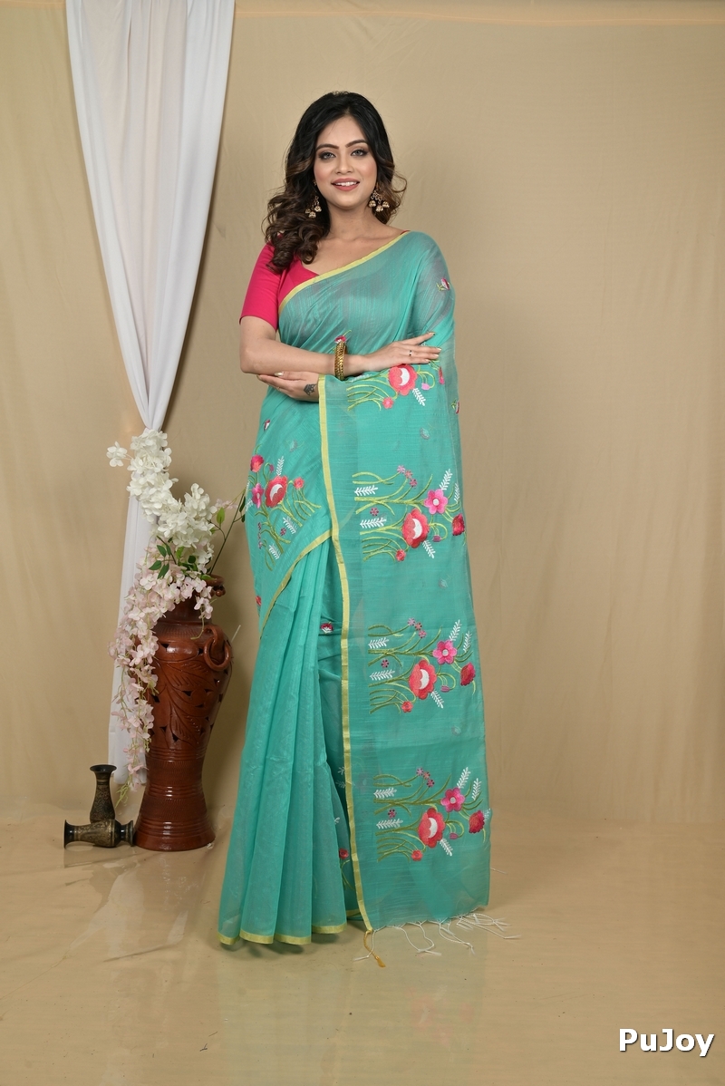 See Green Blended Cotton Himika Embroidery Handloom saree (2122)