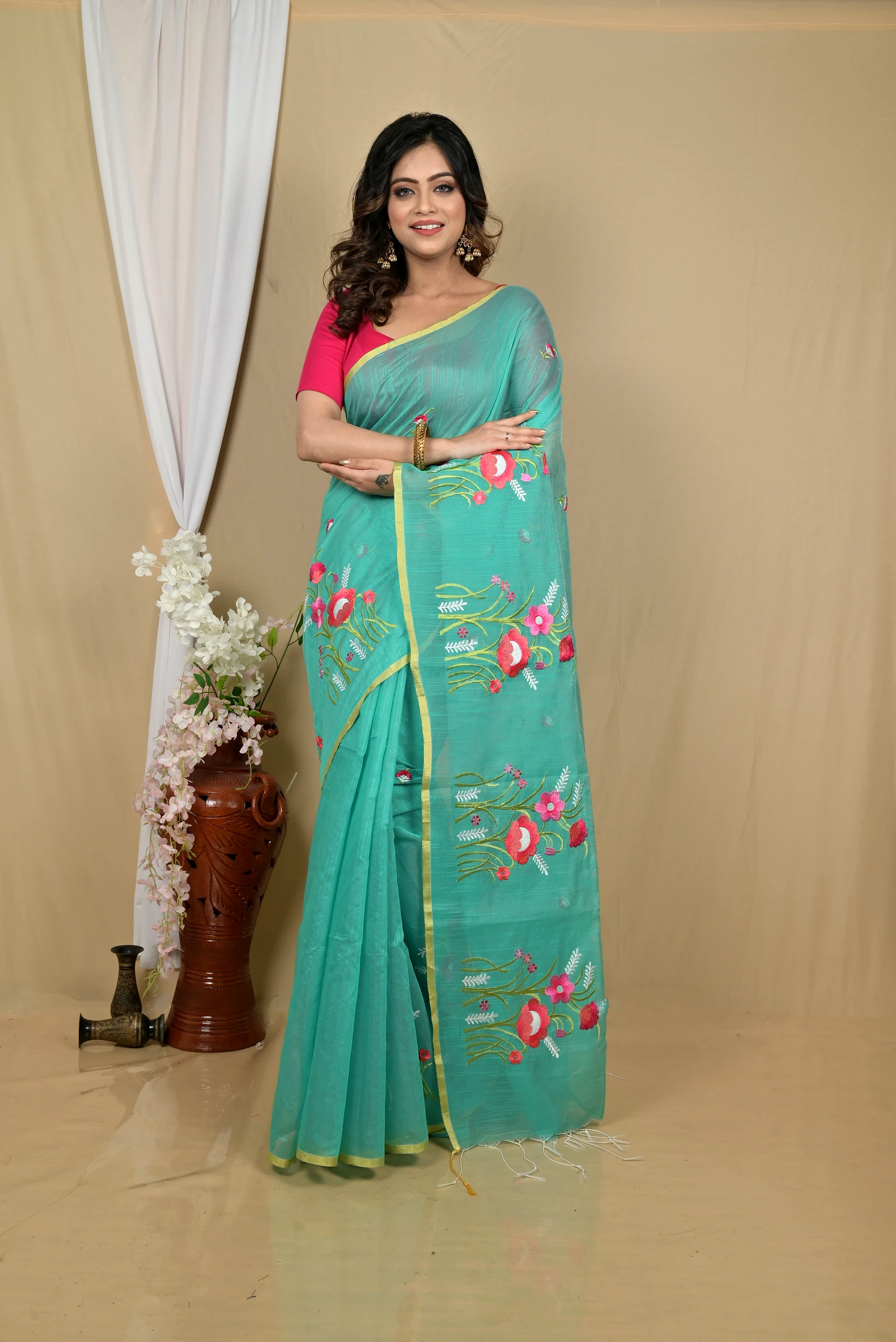 See Green Blended Cotton Himika Embroidery Handloom saree (2122)