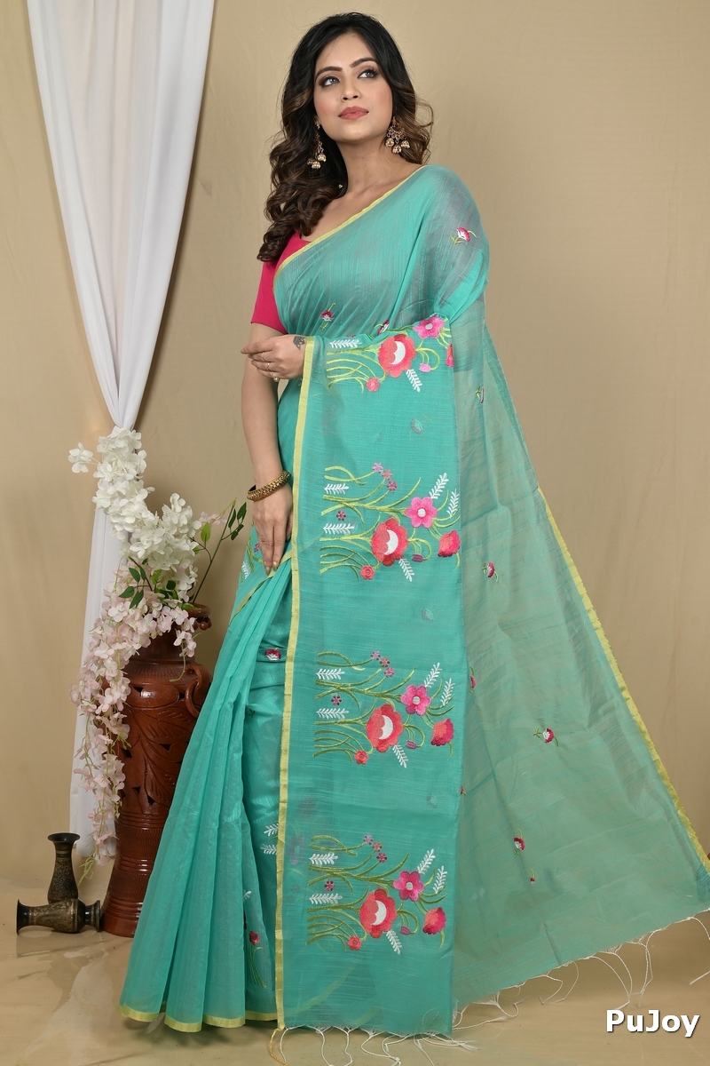 See Green Blended Cotton Himika Embroidery Handloom saree (2122)
