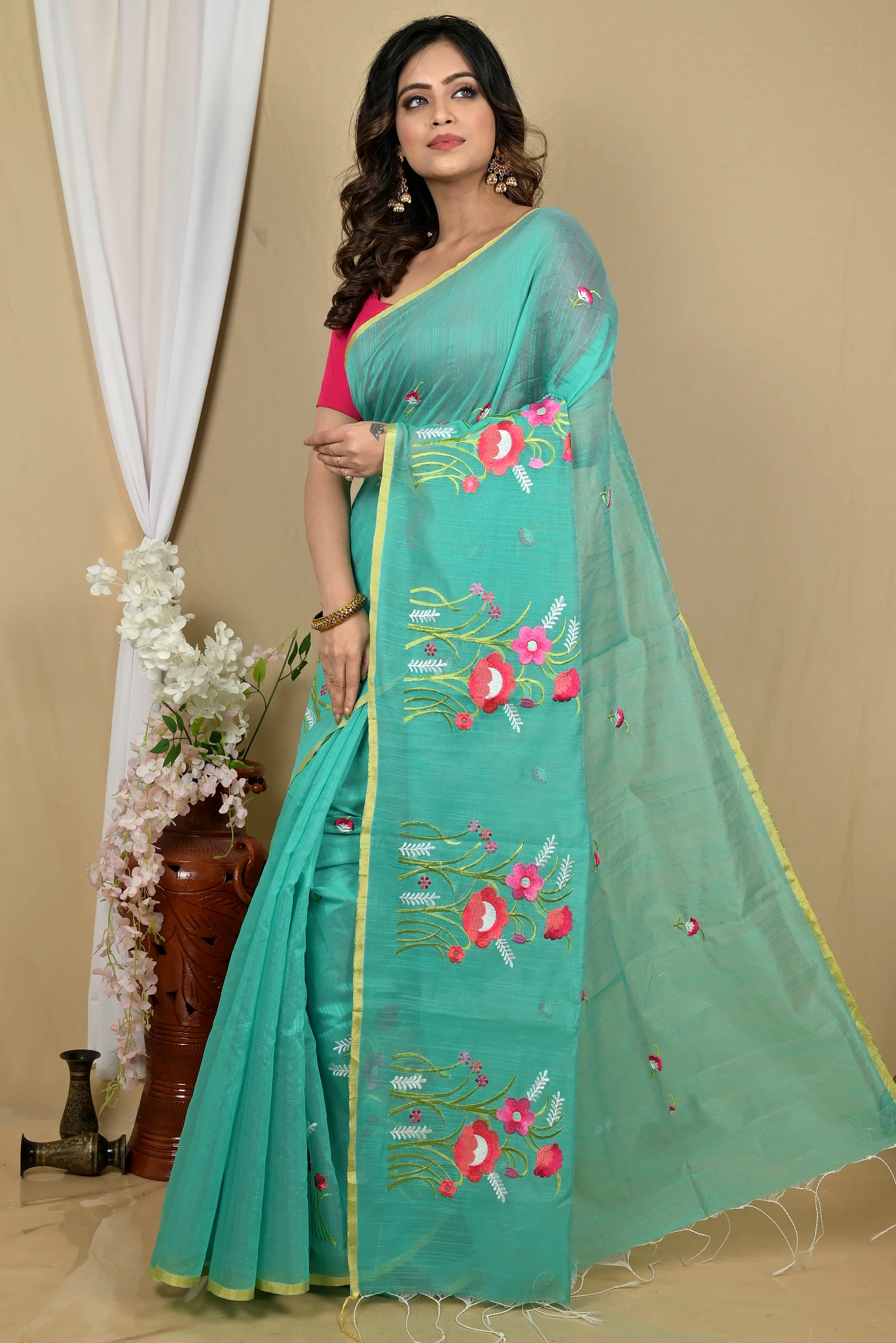 See Green Blended Cotton Himika Embroidery Handloom saree (2122)