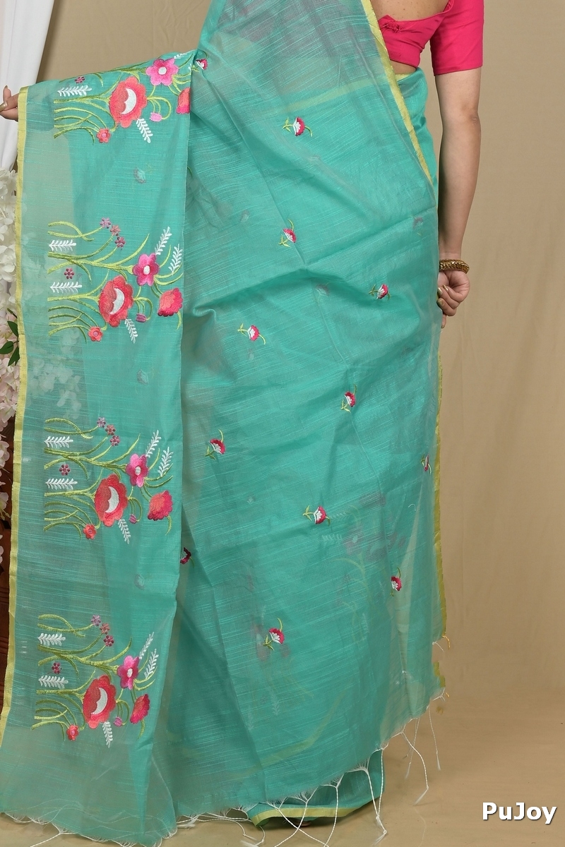 See Green Blended Cotton Himika Embroidery Handloom saree (2122)