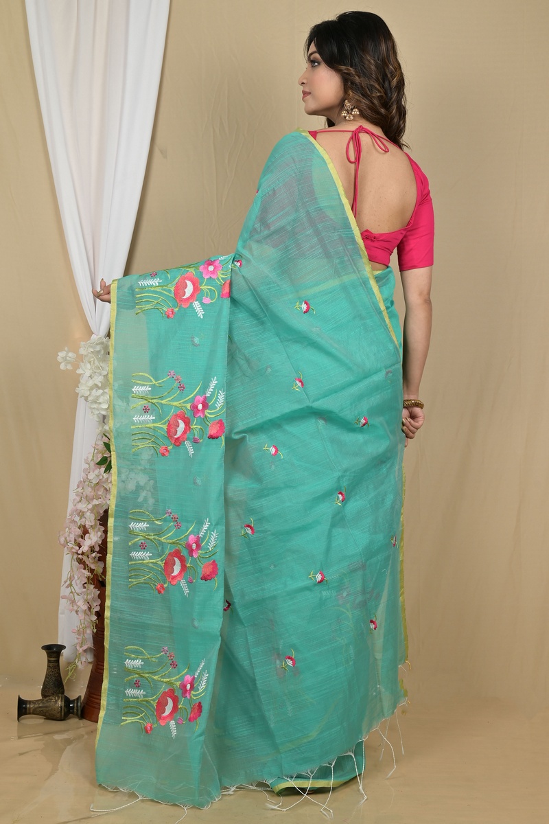 See Green Blended Cotton Himika Embroidery Handloom saree (2122)