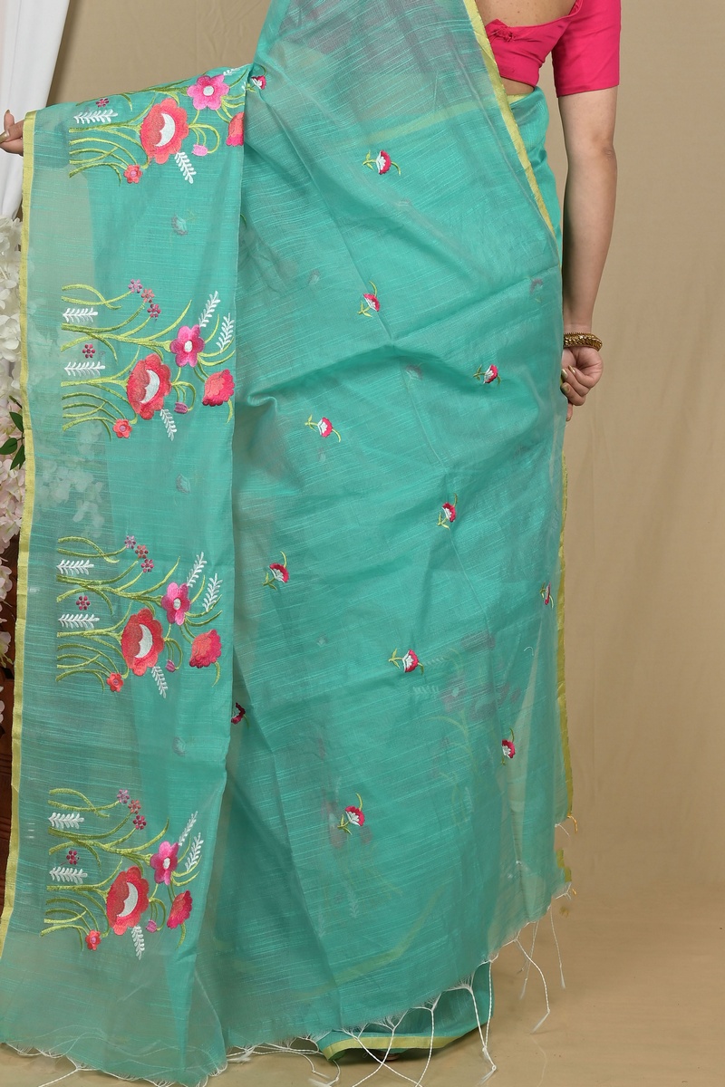 See Green Blended Cotton Himika Embroidery Handloom saree (2122)