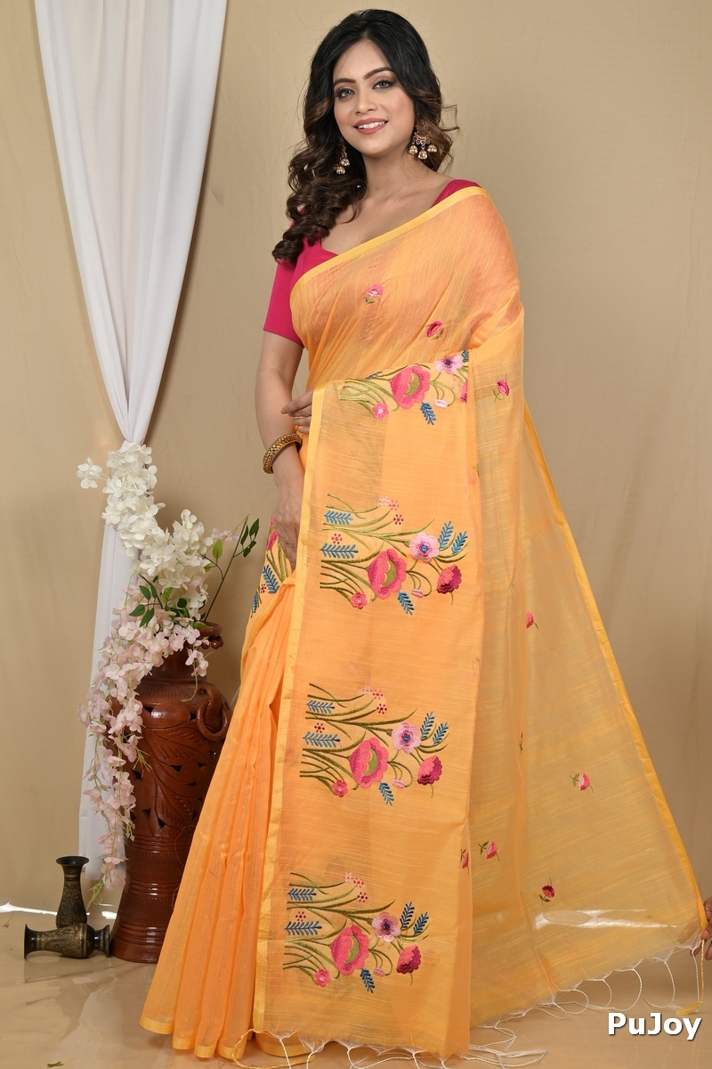 Yellow Blended Cotton Himika Embroidery Handloom saree (2123)