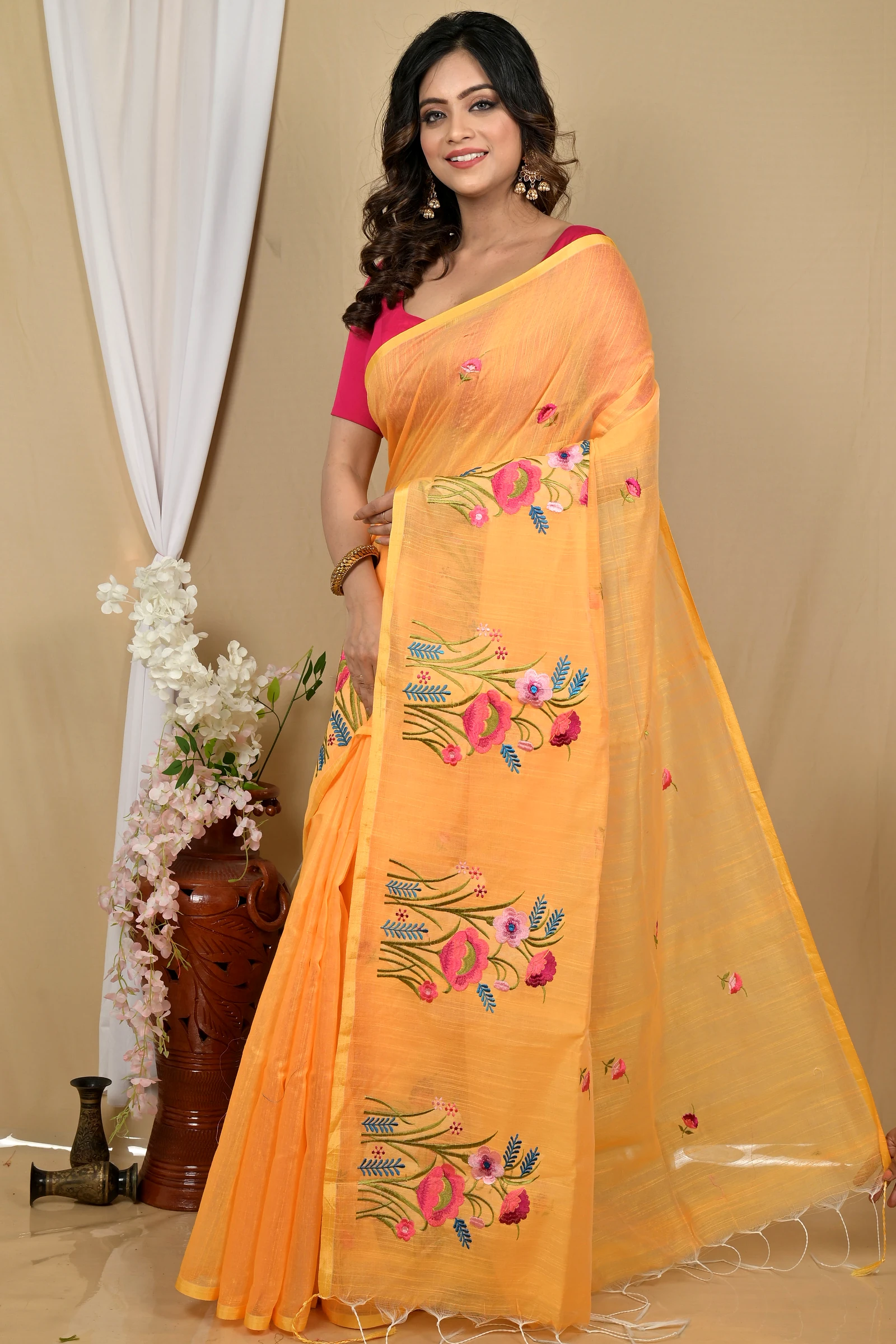 Yellow Blended Cotton Himika Embroidery Handloom saree (2123)