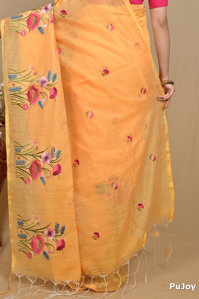 Yellow Blended Cotton Himika Embroidery Handloom saree (2123)