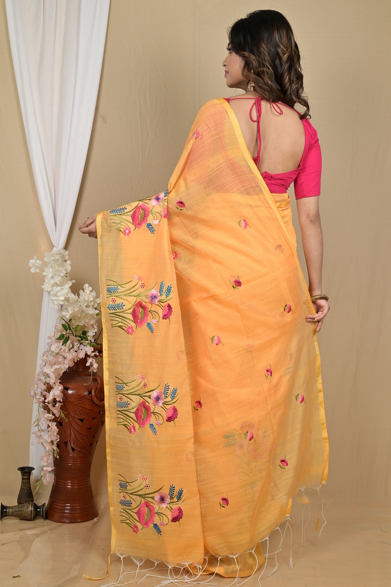 Yellow Blended Cotton Himika Embroidery Handloom saree (2123)