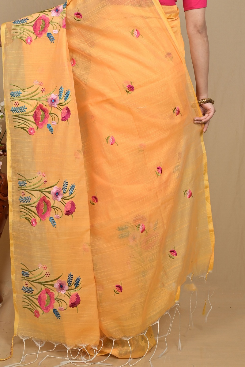Yellow Blended Cotton Himika Embroidery Handloom saree (2123)