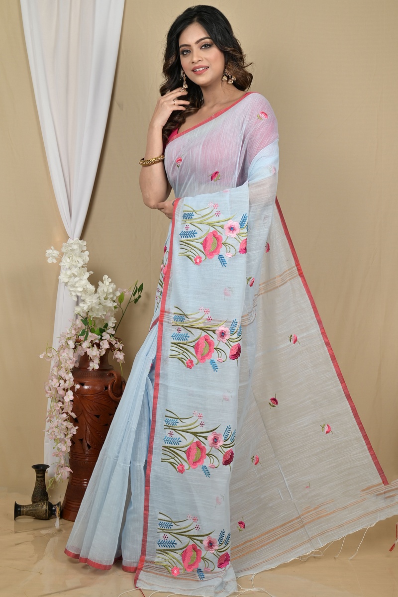 Sky Blue Blended Cotton Himika Embroidery Handloom saree (2124)