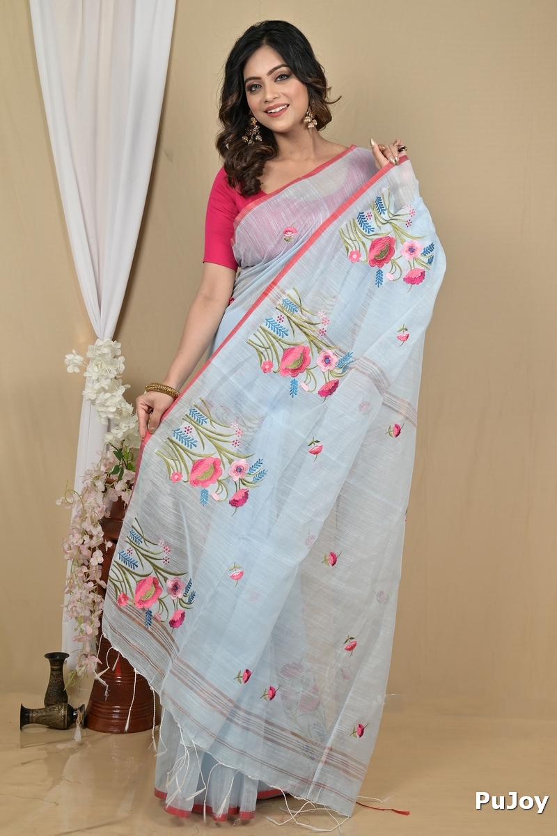 Sky Blue Blended Cotton Himika Embroidery Handloom saree (2124)