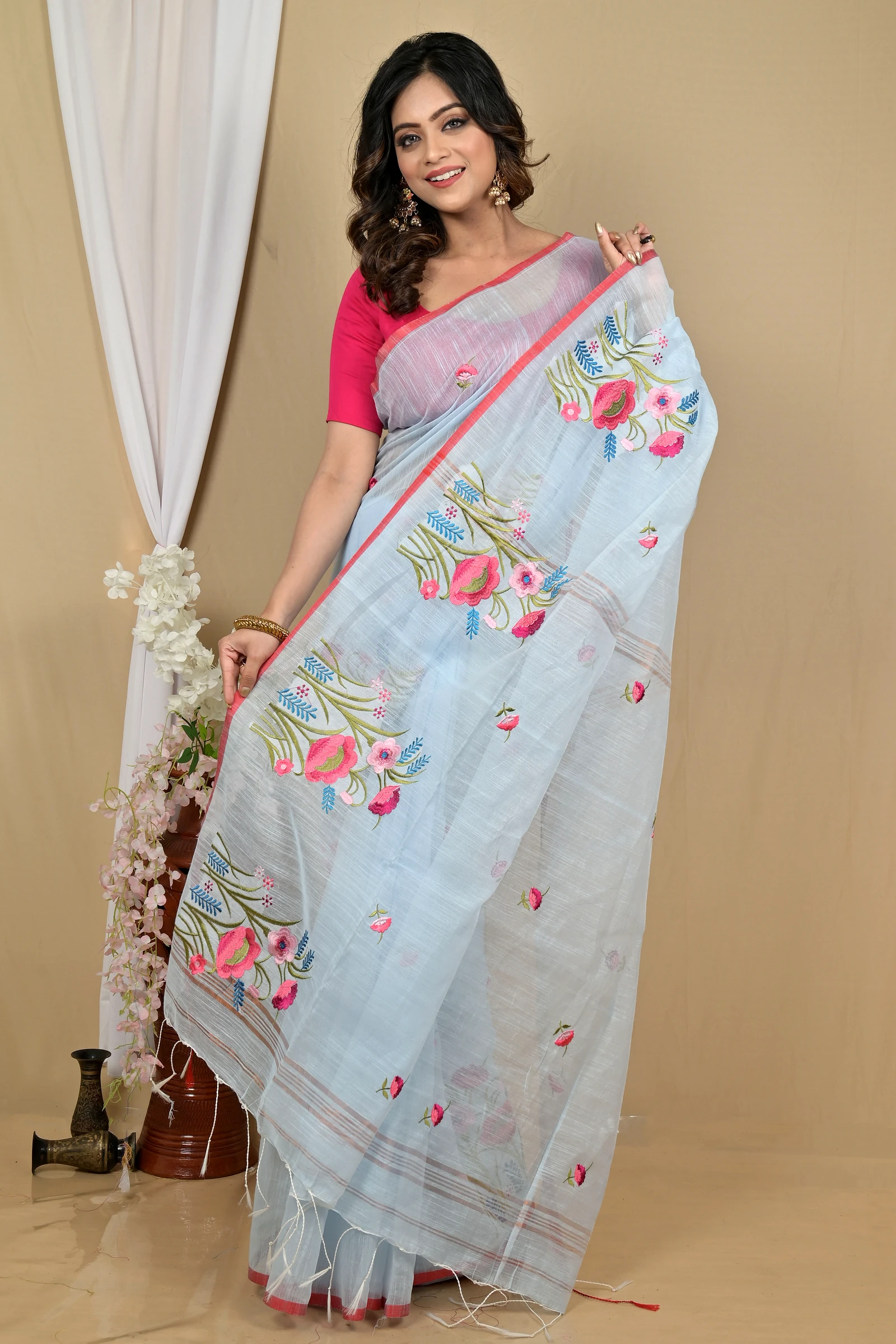 Sky Blue Blended Cotton Himika Embroidery Handloom saree (2124)