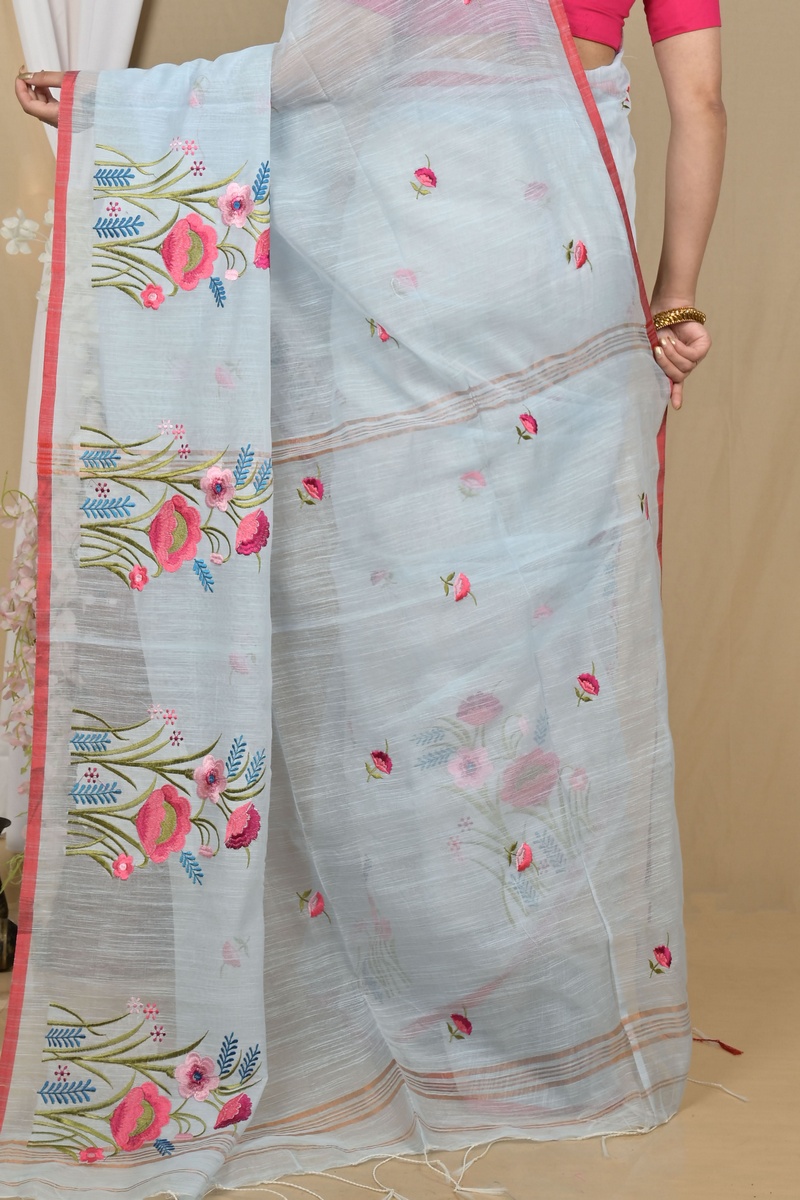 Sky Blue Blended Cotton Himika Embroidery Handloom saree (2124)