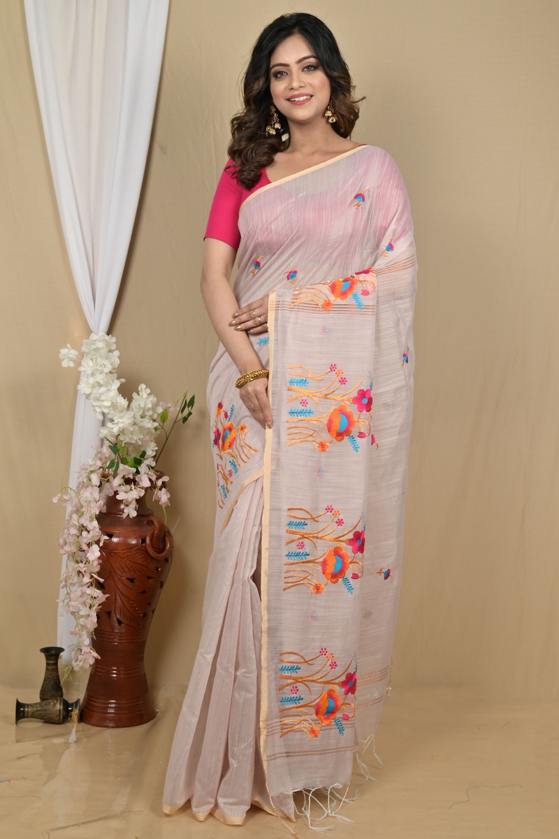 Smoke Grey Blended Cotton Himika Embroidery Handloom saree (2125)