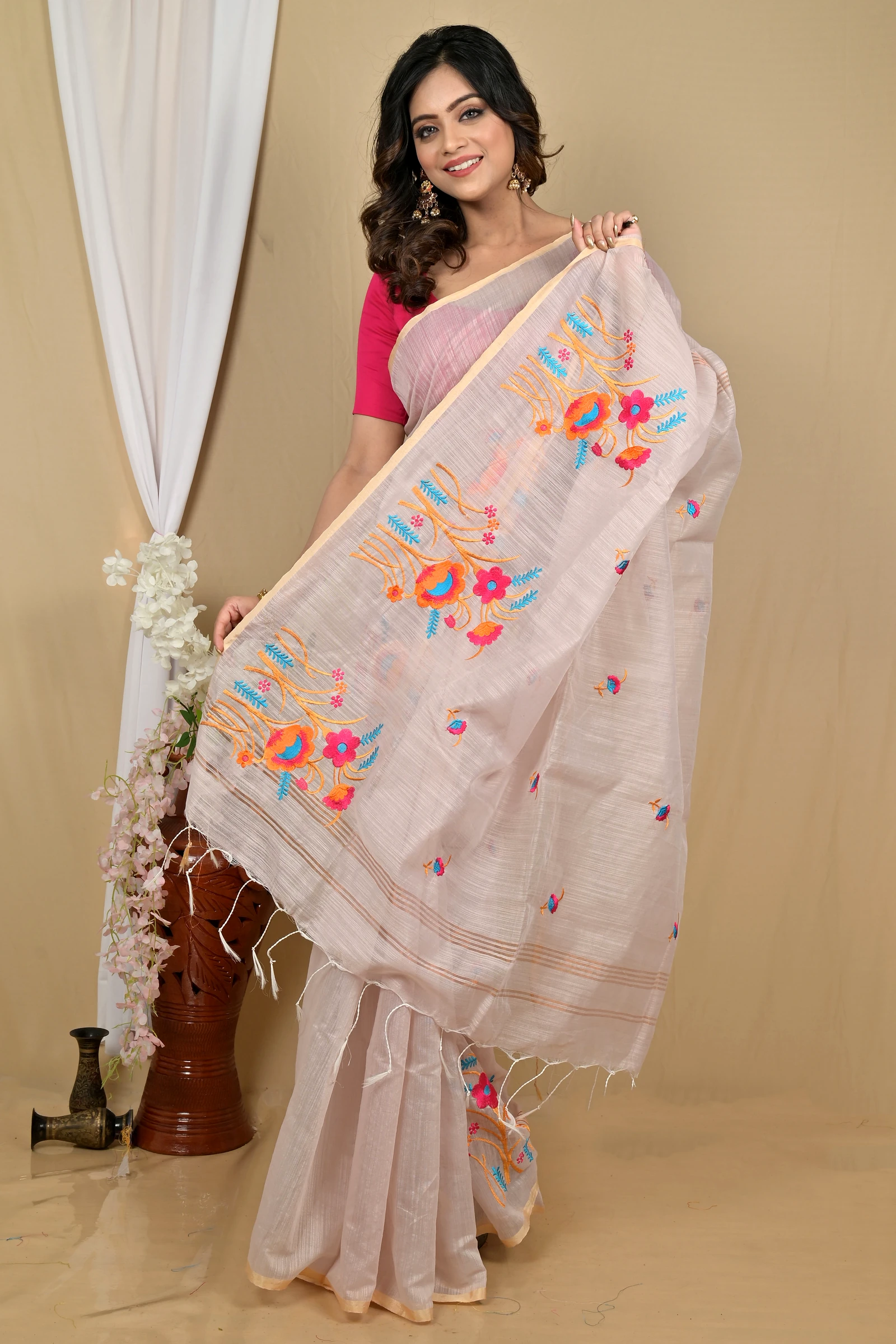 Smoke Grey Blended Cotton Himika Embroidery Handloom saree (2125)