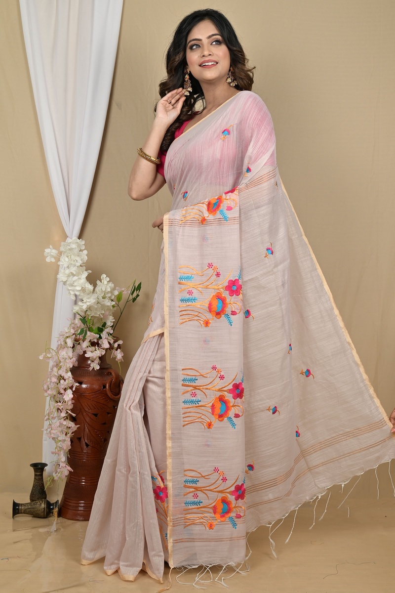 Smoke Grey Blended Cotton Himika Embroidery Handloom saree (2125)