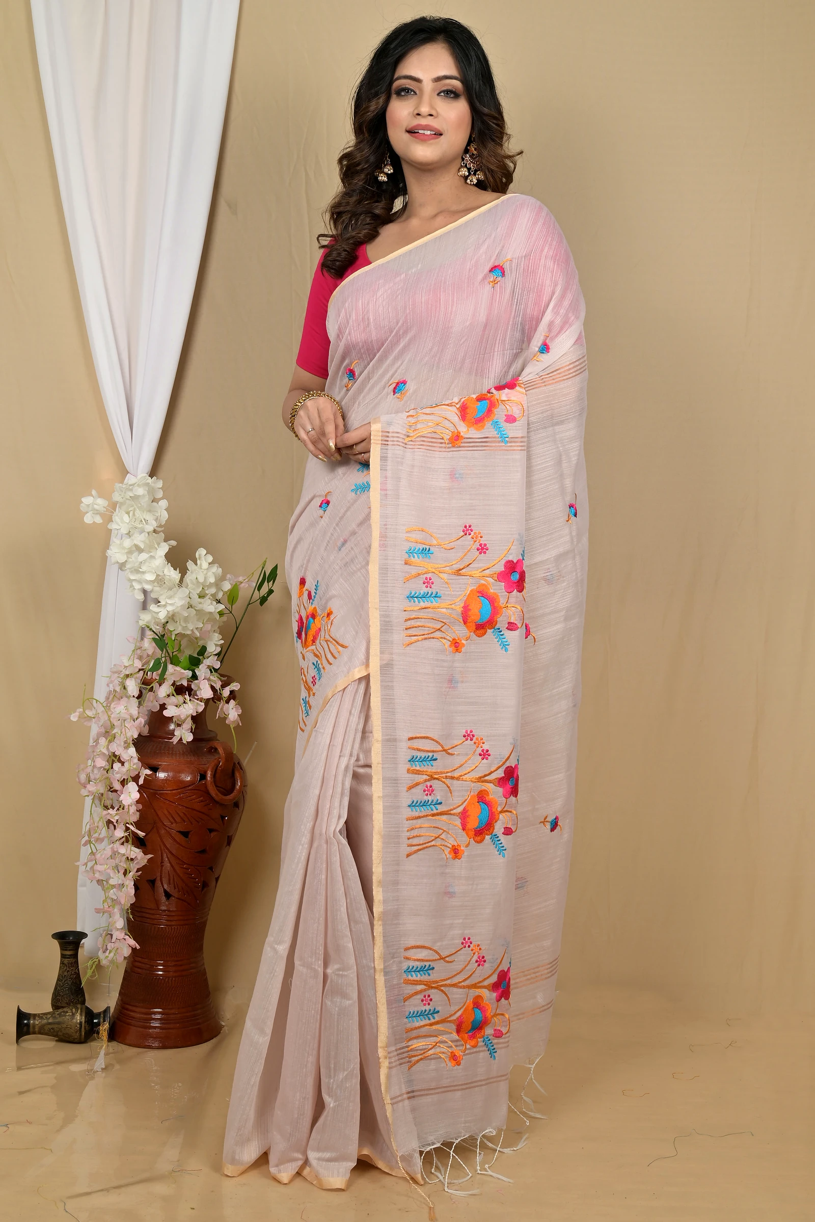 Smoke Grey Blended Cotton Himika Embroidery Handloom saree (2125)
