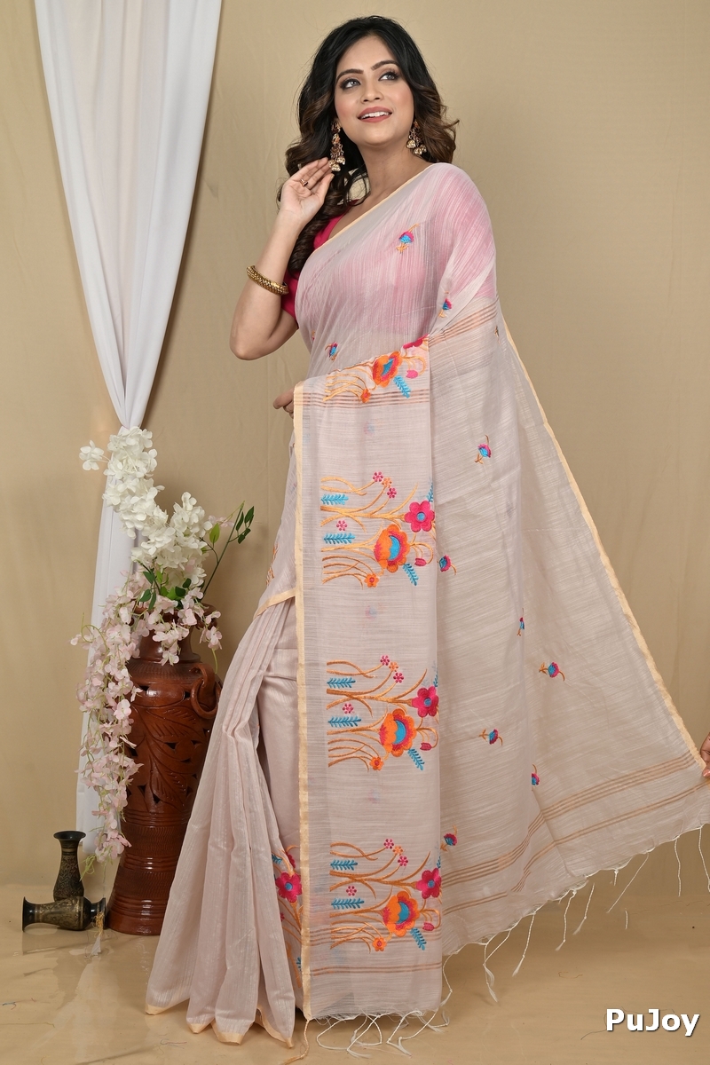 Smoke Grey Blended Cotton Himika Embroidery Handloom saree (2125)