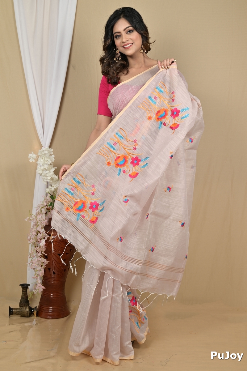 Smoke Grey Blended Cotton Himika Embroidery Handloom saree (2125)