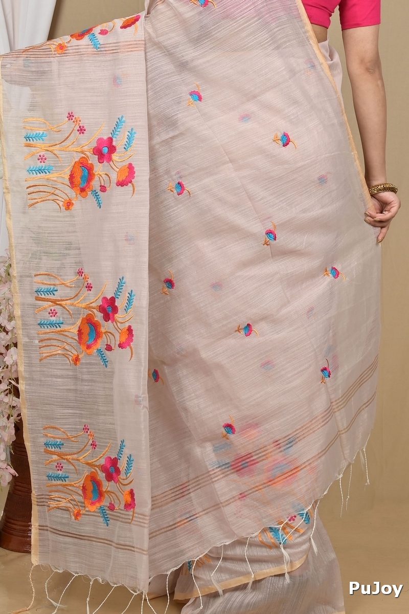 Smoke Grey Blended Cotton Himika Embroidery Handloom saree (2125)
