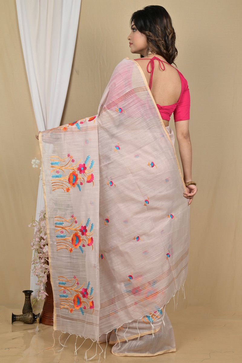 Smoke Grey Blended Cotton Himika Embroidery Handloom saree (2125)